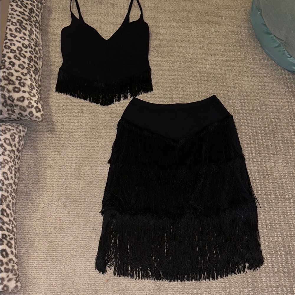 NWOT Carbon38 Melt Fringe Black Cami and Skirt Set
